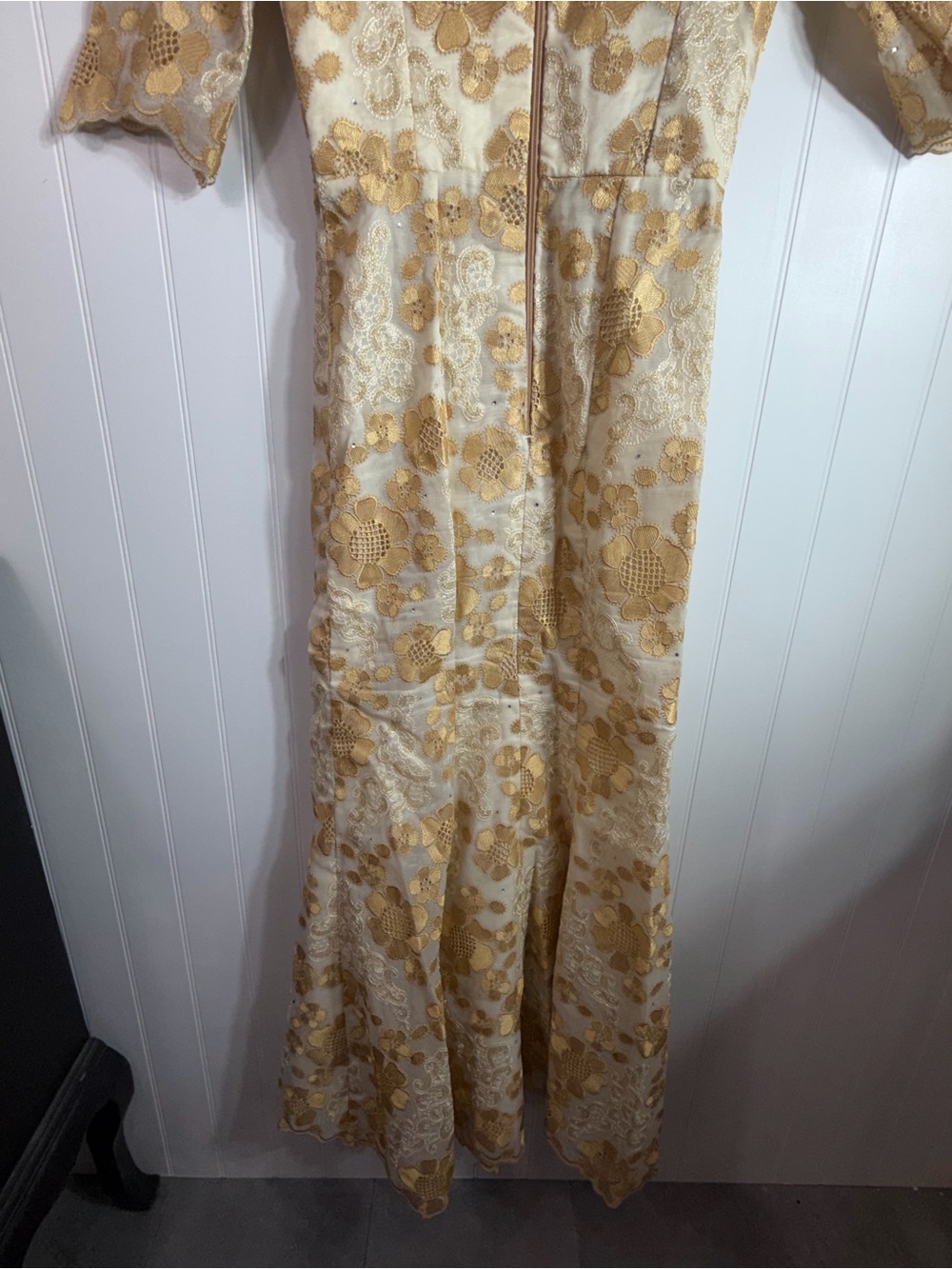Vintage Gold Floral Embroidered Mermaid Maxi Dress Formal Gown Small Boho Glam - Picture 5 of 10